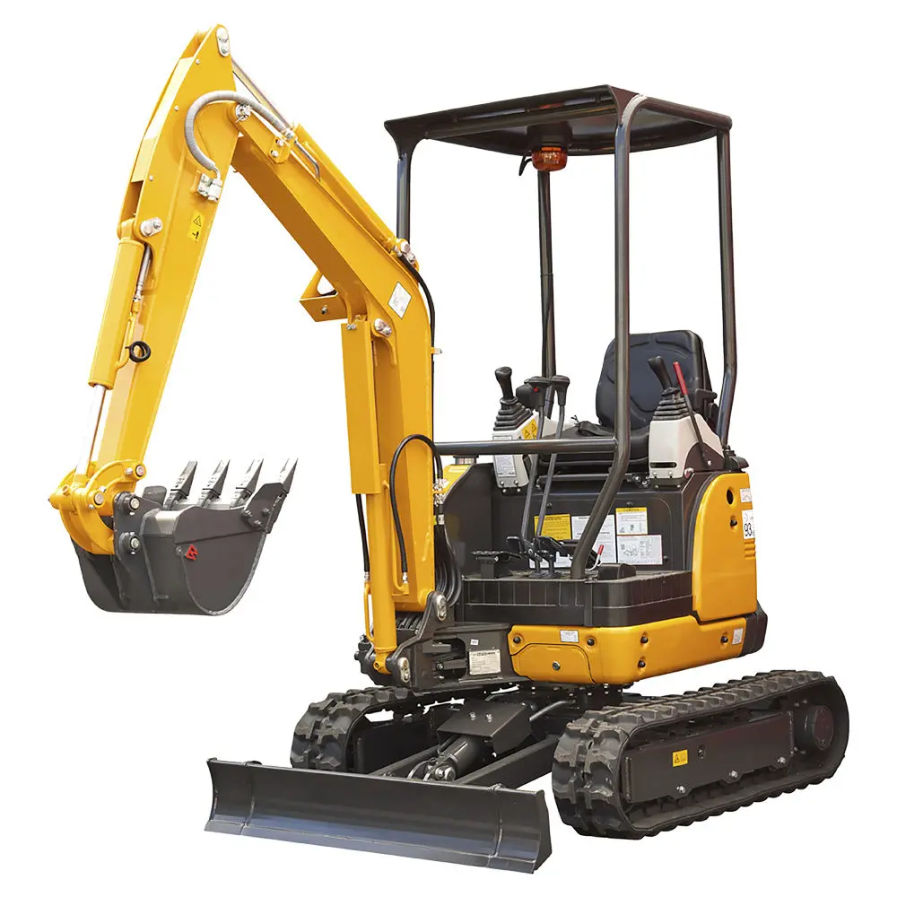 Yellow mini excavator with a roof canopy and front blade, on a white background